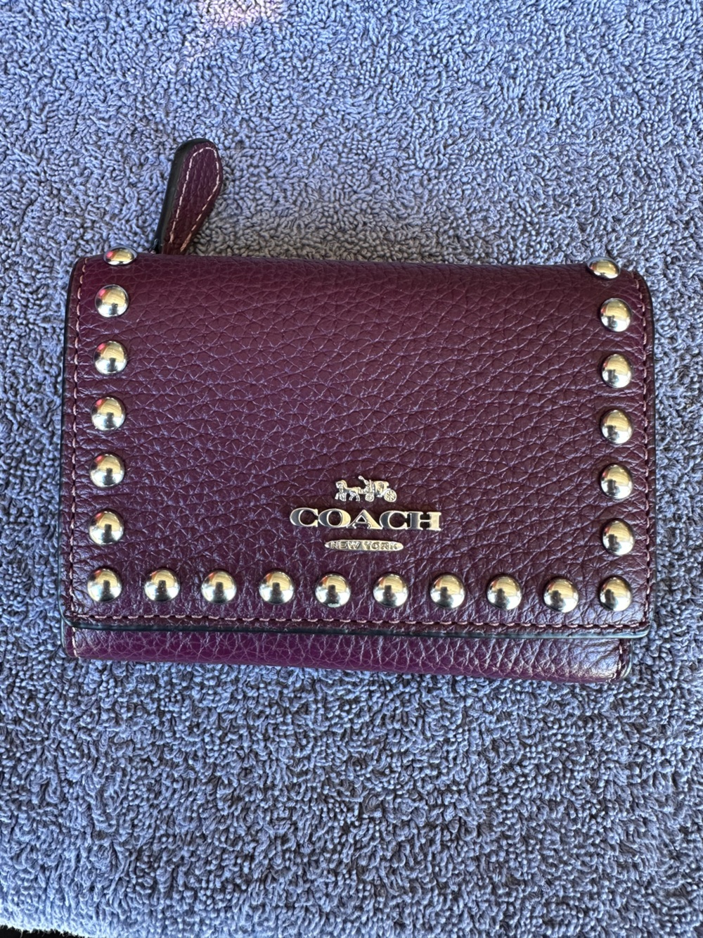 Coach Small Pebbled Leather Zip Wallet in Deep Berry with Silver Studs